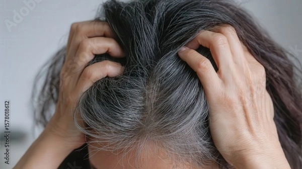 Fototapeta A woman with gray hair holds her head in distress, expressing concern over thinning hair. The scene captures an intimate moment of vulnerability in a bathroom setting.