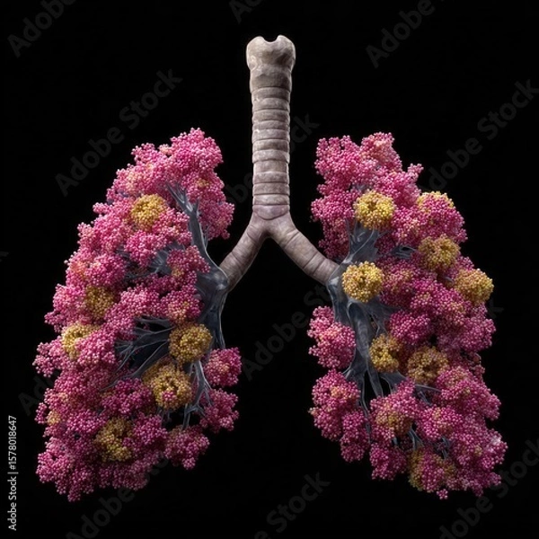 Fototapeta Lungs with cancer cells depicted at the base, highlighting a medical concept. 3D rendering on a black background emphasizes the severity of lung cancer.
