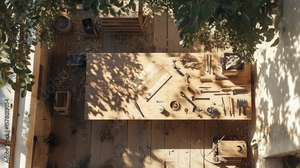 Obraz Overhead view of a woodworking table with tools and wood