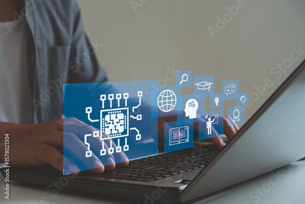 Fototapeta Artificial Intelligence in Digital Education – Futuristic Online Learning Technology. AI-based tools for online study, training, and skill development. e-learning, smart classroom, and innovation.