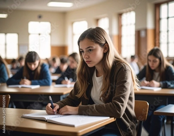 Obraz school students, writing and desk in classroom with books for english literature or language for exam. People, university and scholarship for learning or education, knowledge and academic work