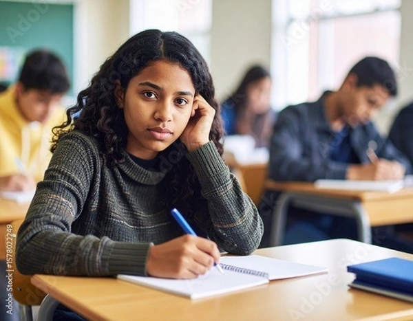 Obraz school students, writing and desk in classroom with books for english literature or language for exam. People, university and scholarship for learning or education, knowledge and academic work