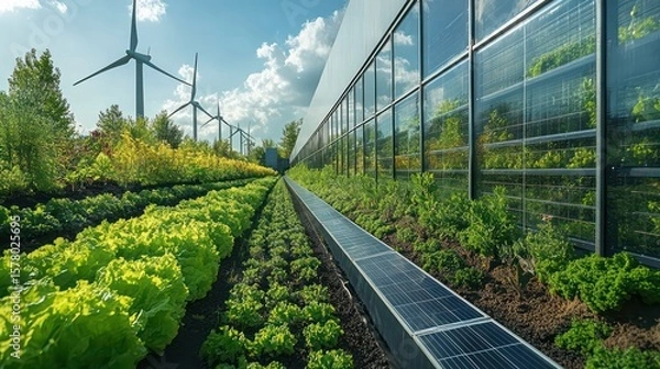 Obraz Rows of lettuce and plants in front of a greenhouse with solar panels and wind turbines