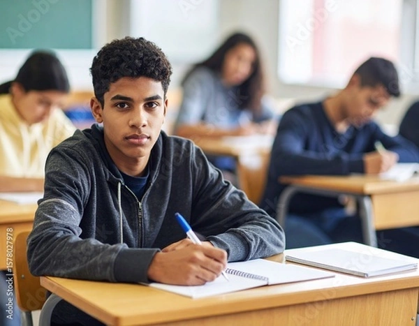 Obraz school students, writing and desk in classroom with books for english literature or language for exam. People, university and scholarship for learning or education, knowledge and academic work