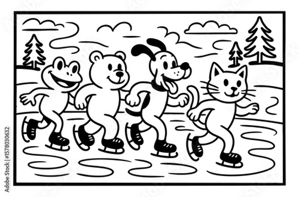 Obraz animals skating on ice illustration for coloring book painting