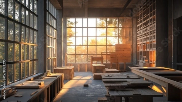 Obraz Sunlit workshop with wooden furniture and large windows