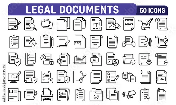 Fototapeta Fifty Professional Line Icons: Legal Documents, Contracts, and Checklists