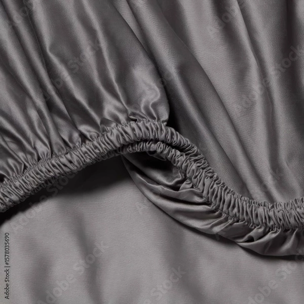 Fototapeta Soft gray fitted sheet draped on a mattress in a cozy bedroom setting for a comfortable night's sleep.