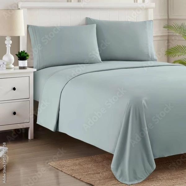 Fototapeta Soft blue bedding set arranged neatly on a cozy bed in a calm bedroom setting with natural light in the early morning.