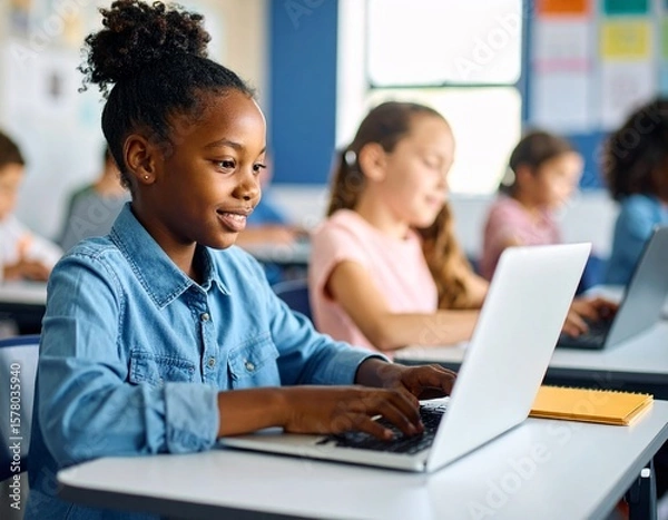 Obraz Elementary School Children Learning Basic Computer Knowledge: Diverse Kids in a Modern Colorful Classroom. Schoolchildren Getting Experience with Technology.