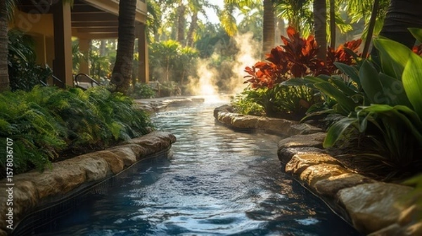 Obraz Tropical steam pool with lush ferns and vibrant foliage