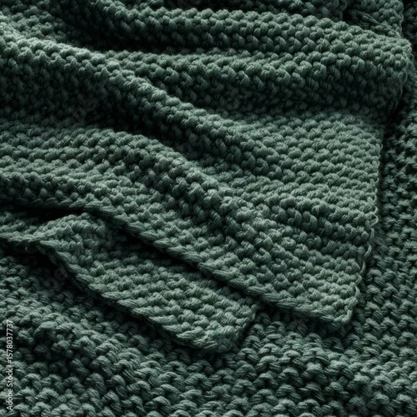 Fototapeta Cozy green knitted blanket draped casually over a soft surface in a warm, inviting setting.