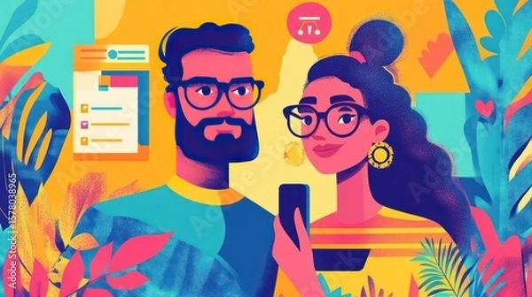 Obraz Two people in colorful stylized foliage looking at a smartphone