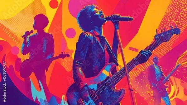 Obraz Vibrant digital painting of musicians performing on stage with abstract colorful background