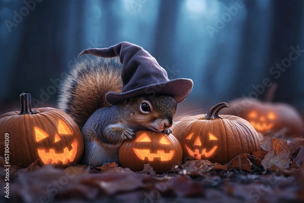Obraz A cute squirrel in a witch hat surrounded by glowing pumpkins.