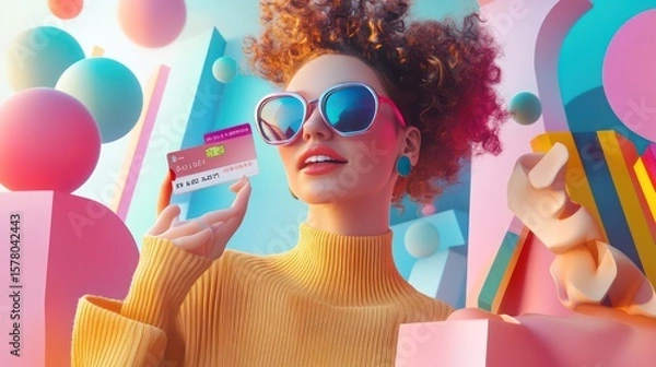 Obraz Woman holding credit card with abstract colorful background
