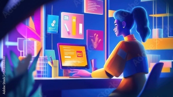 Obraz Woman working on a computer in a brightly lit modern office