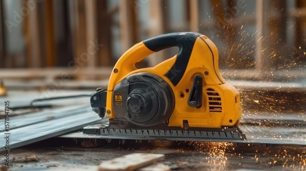 Obraz Yellow circular saw cutting metal with sparks flying