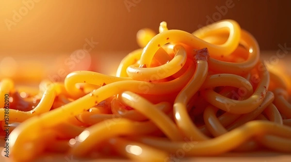 Fototapeta Close up shot of golden-brown cooked fettucine pasta, overflowing with savory sauce, against a blurred, warm-toned background