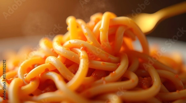 Fototapeta Close up shot of golden-brown cooked fettucine pasta, overflowing with savory sauce, against a blurred, warm-toned background