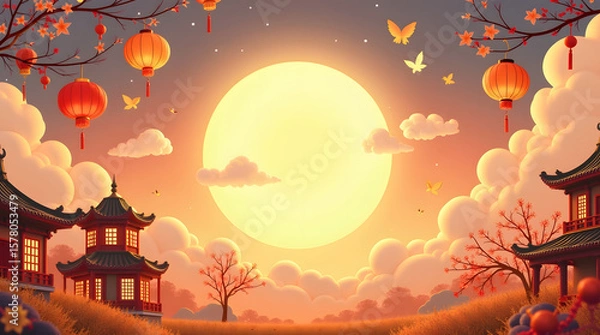 Fototapeta Mooncake festival banner illustration, set against a warm, sunny autumn sky with fluffy white clouds, commemorating and celebrating the end of the harvest season