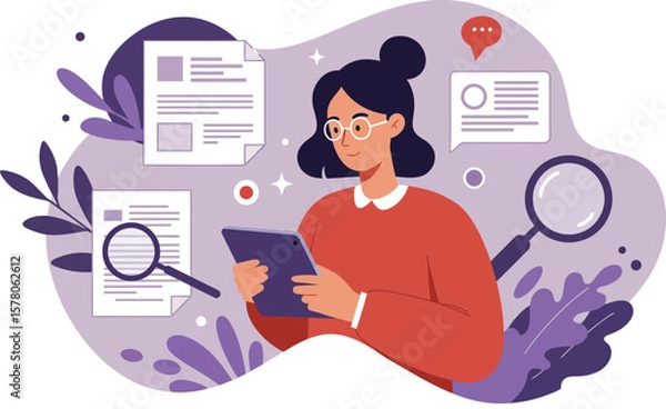 Obraz Woman holding tablet surrounded by documents and magnifying glass in purple workspace vector illustration 