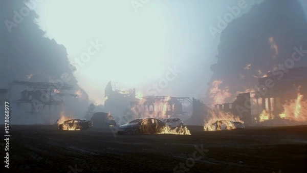 Obraz apocalyptic burning city. Armageddon. 3d rendering.