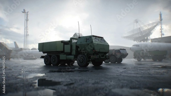 Obraz American High Mobility Artillery Rocket System. Military base. 3d rendering.