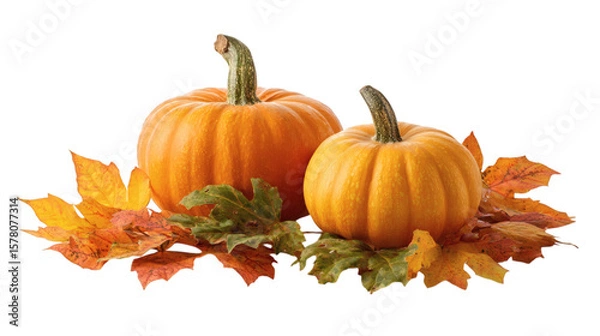 Obraz Autumn pumpkins with colorful leaves isolated on tranparent background 