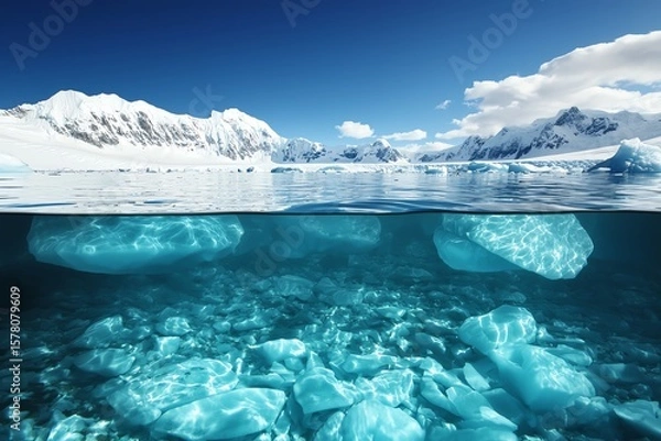 Fototapeta A stunning view of crystal-clear water, revealing submerged icebergs beneath the surface, framed by majestic mountain ranges under a bright blue sky, showcasing the beauty of natur