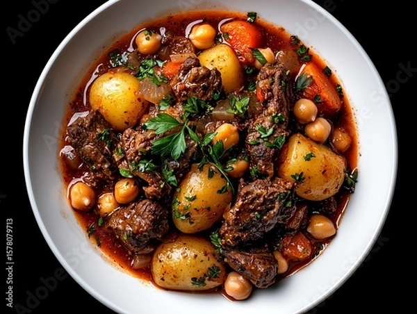 Fototapeta A delicious bowl of hearty stew featuring tender beef, potatoes, carrots, and chickpeas, garnished with fresh herbs. Perfect for a comforting meal any time of the year.