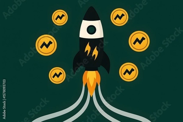 Fototapeta Rocket Launching with Digital Currency Coins on Dark Green Background Illustration