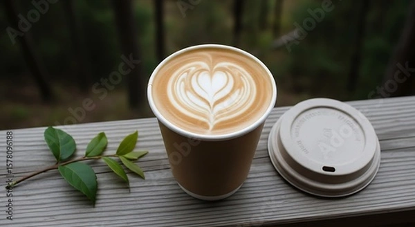 Fototapeta Latte Art Heart in Paper Cup with Lid and Green Leaves on Wooden Surface