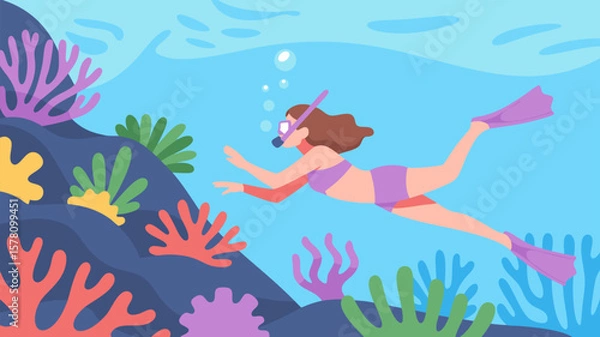 Fototapeta Vector SVG Illustration of Girl Snorkeling Underwater with Coral Reefs in Flat Modern Style with Bright Colors