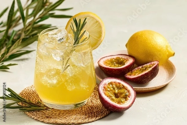 Fototapeta Glass of refreshing passion fruit lemonade with ice cubes, rosemary, and lemon slice, accompanied by fresh passion fruit and lemon on a white background