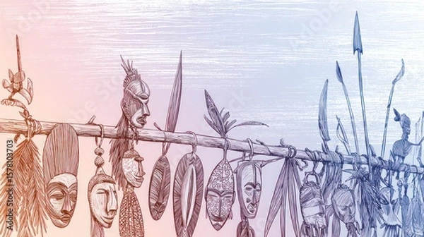 Fototapeta Tribal masks and spears on a horizontal pole