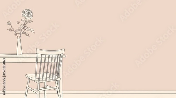 Fototapeta Simple drawing of a room with a table, chair, and vase of flowers