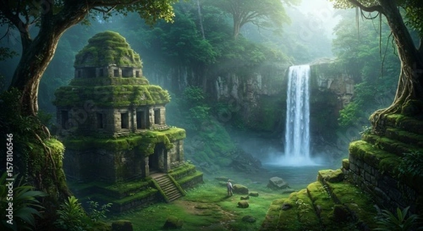 Fototapeta Ancient Temple Ruins by Waterfall, Lush Green Jungle, Mystical Scene.