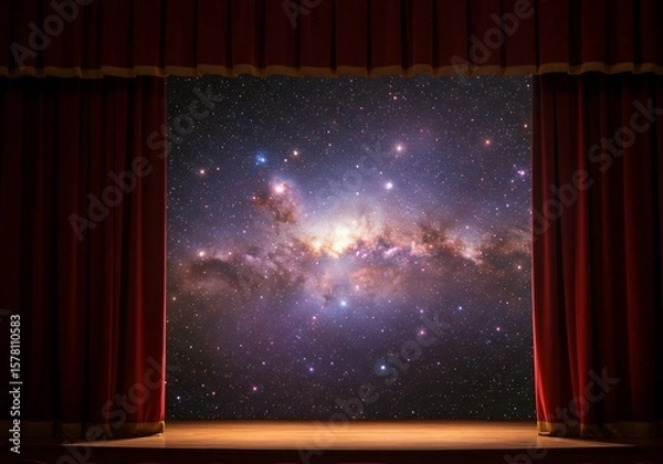 Fototapeta Cosmic Curtain Call: Red Velvet Stage Opens to a Starry Galaxy