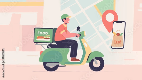 Fototapeta Food delivery service illustration with scooter and mobile tracking app