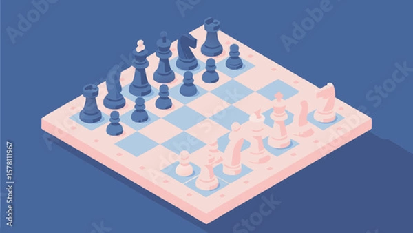 Fototapeta Isometric view of a chessboard with chess pieces in a strategic arrangement