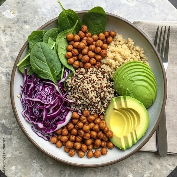 Fototapeta Vibrant Vegan Quinoa Bowl: Roasted Chickpeas, Avocado, and Red Cabbage Delight