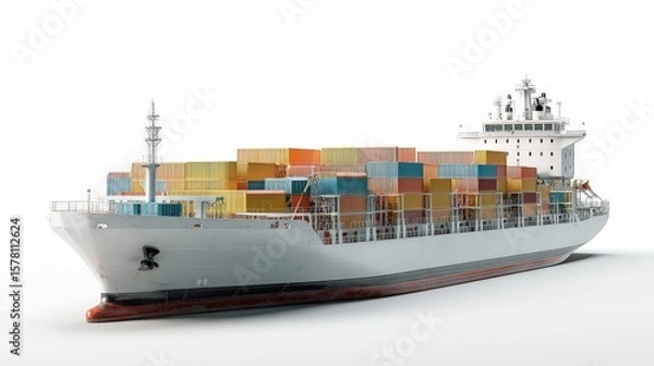 Obraz Cargo Ship with Colorful Containers on White Background