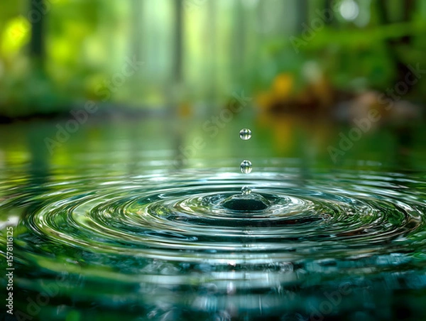 Fototapeta Pristine Water Droplet Creating Ripples in a Green Pond
Keywords