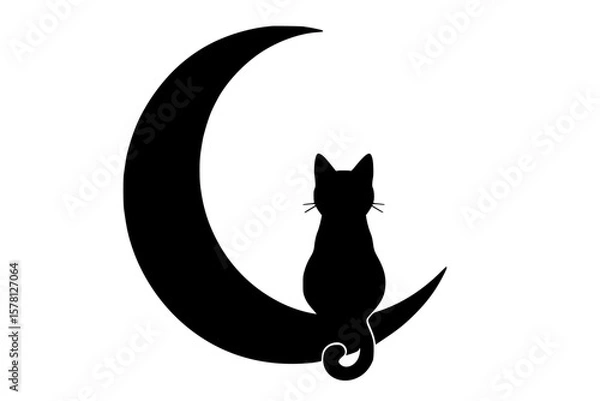 Fototapeta Silhouette of a cat sitting on a crescent moon