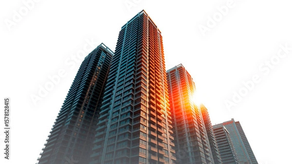 Fototapeta Low angle view of tall modern buildings with sunlight shining through the buildings against white sky