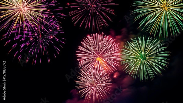 Fototapeta Colorful fireworks exploding in the night sky with vibrant bursts of light and smoke trails display