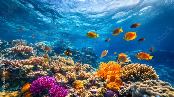 Fototapeta Coral Reef Fish Underwater Scene, Beautiful blue ocean with vibrant coral reef and tropical fish swimming, colorful sea life in a marine environment, undersea ecosystem wildlife adventure background