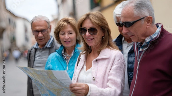 Fototapeta Exploring a City Map with Friends Urban Street Group Activity Outdoor Setting Engaging Viewpoint Travel Adventure