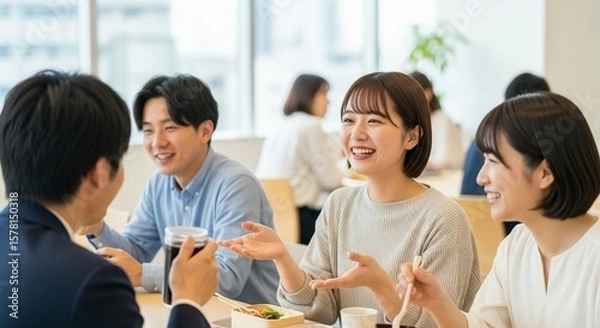 Obraz 笑顔あふれる交流、同僚と笑顔で食事をする若手社員たち